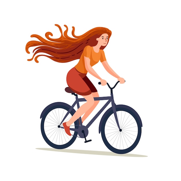 Young woman cycling long red hair flowing casual clothing active lifestyle female cyclist