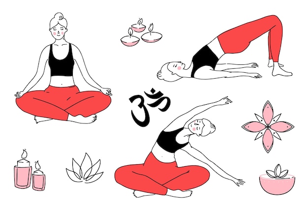 Vector young woman in different yoga poses, doing stretching workout. line illustration of girl in black top and red leggings. vector hand drawn yoga symbols, om, candles and lotus.