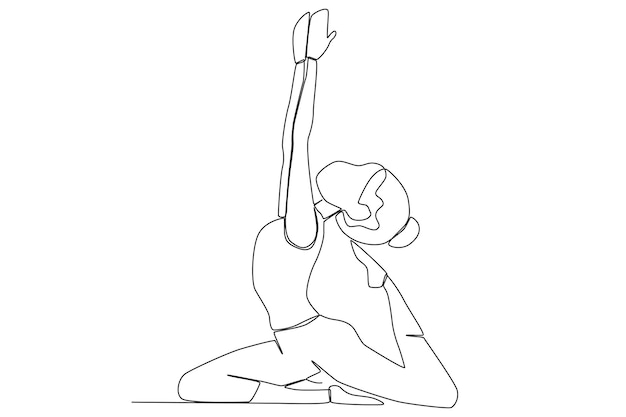 A young woman doing One Legged King Pigeon Pose yoga line art