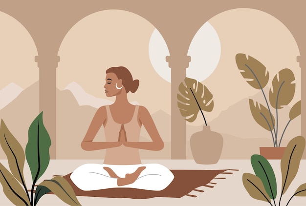 Young woman doing yoga exercises and practicing meditation vector. Female character in home interior