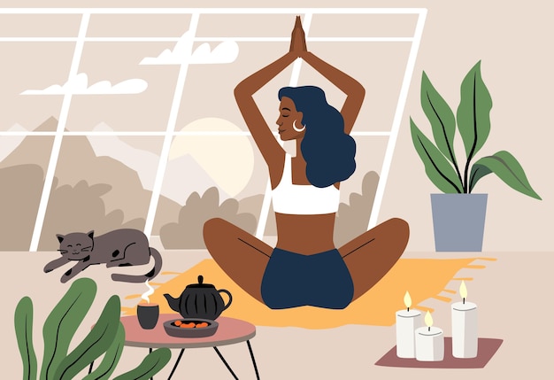 Young woman doing yoga exercises and practicing meditation vector. Female character in home interior