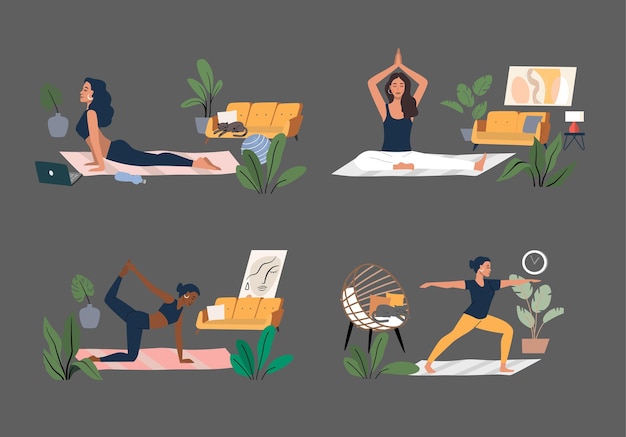 Young woman doing yoga exercises and practicing meditation vector. Female character in home interior