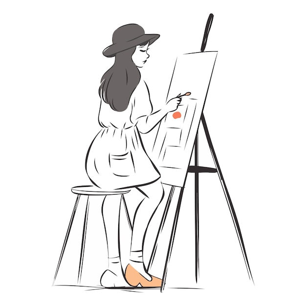 Vector young woman drawing a picture on easel sketch