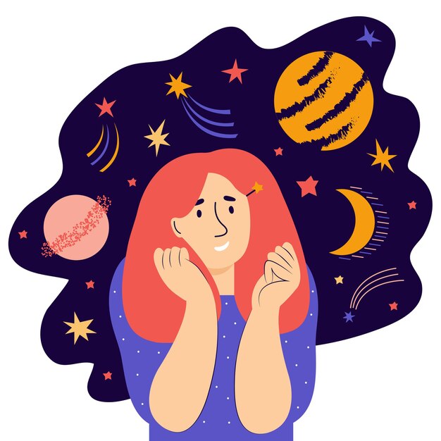 Vector a young woman dreams and thinks about the stars and the cosmos. mind behavior concept. creative, imaginative thinking. female character feels positive emotions and happiness. flat vector illustration