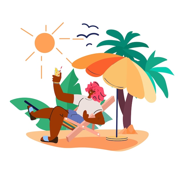 young woman drinking cocktail on tropical beach summer vacation holiday time to travel concept vector illustration