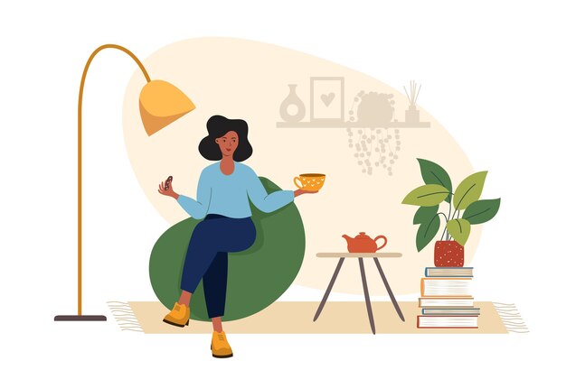 Vector young woman drinking coffee or tea at the living room concept for banner website design or landing