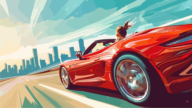 Vector young woman driving luxury red car