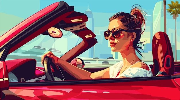 Young Woman Driving Luxury Red Car