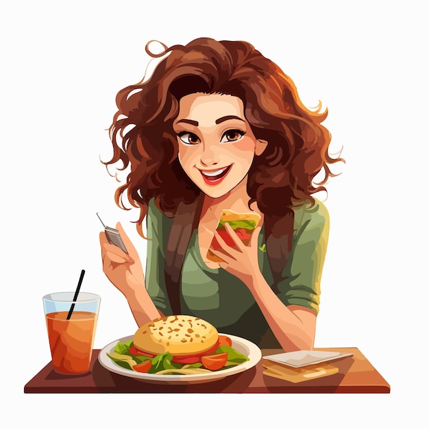 Vector young woman eating lunch on white background professional illustration