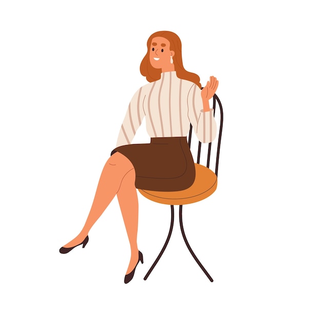 Young woman employee sitting in chair. Office worker greeting smb with hi hand gesture, saying hello. Happy businesswoman in skirt, blouse. Flat vector illustration isolated on white background