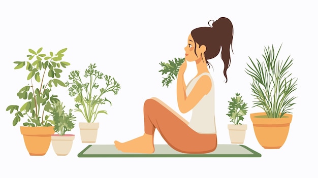 Vector young woman enjoying aromatherapy with fresh herbs on exercise mat