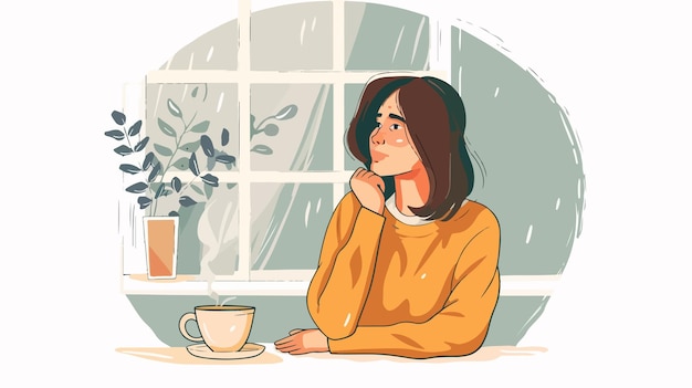 Young Woman Enjoying Coffee or Tea Looking out the Window with a Smile