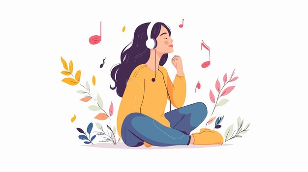 Vector young woman enjoying music with headphones