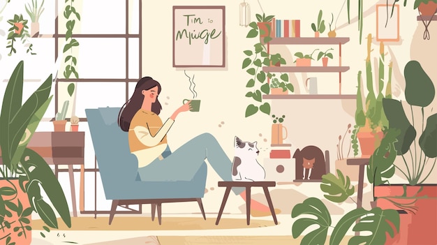 Vector young woman enjoying tea with cat and houseplants