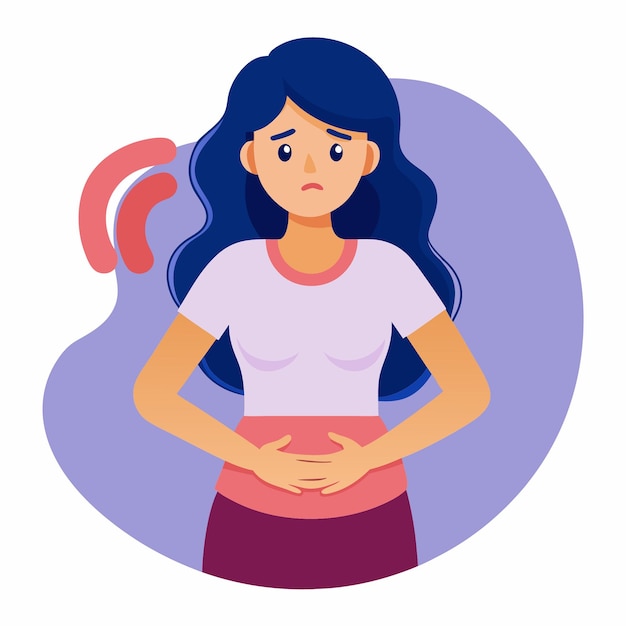 Vector young woman experiencing abdominal discomfort clutching her stomach in pain