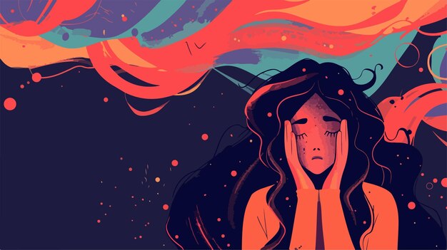 Vector young woman expressing psychological depression holding face with hands