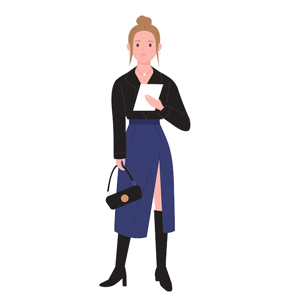 Vector young woman in fashion outfit standing with paper document and handbag