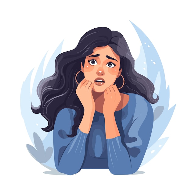 Young woman feeling anxious and biting her fingernails vector illustrations on white background