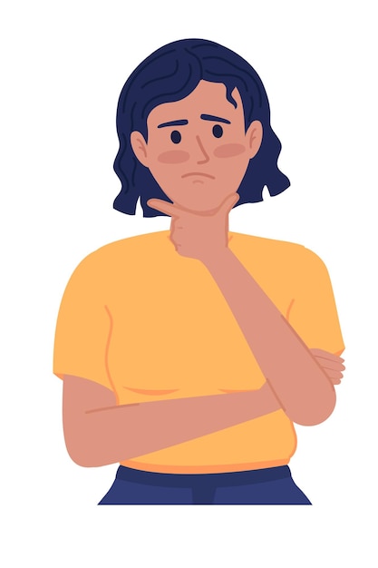 Young woman feeling uncertain about future semi flat color vector character