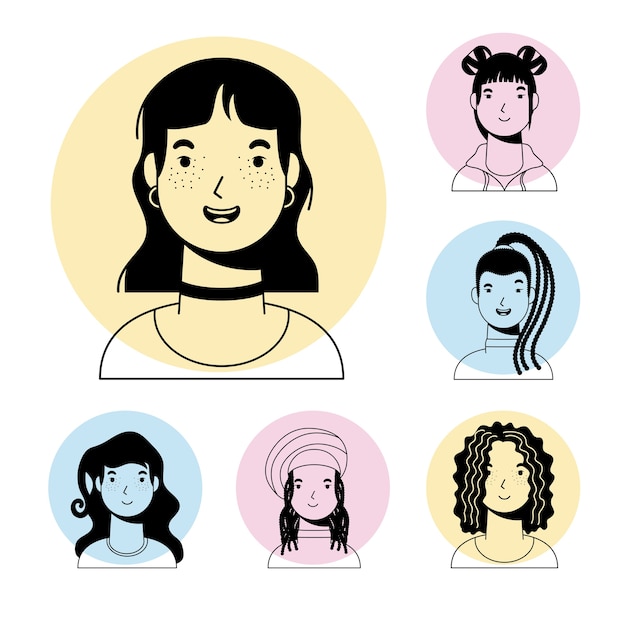 Young woman female and interacial girls characters vector line style design