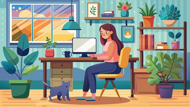 Young Woman Focused on Remote Work in Home Office