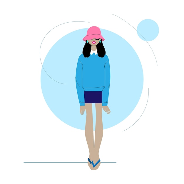 Young woman or girl dressed in trendy clothes standing. Female cartoon character, vector image