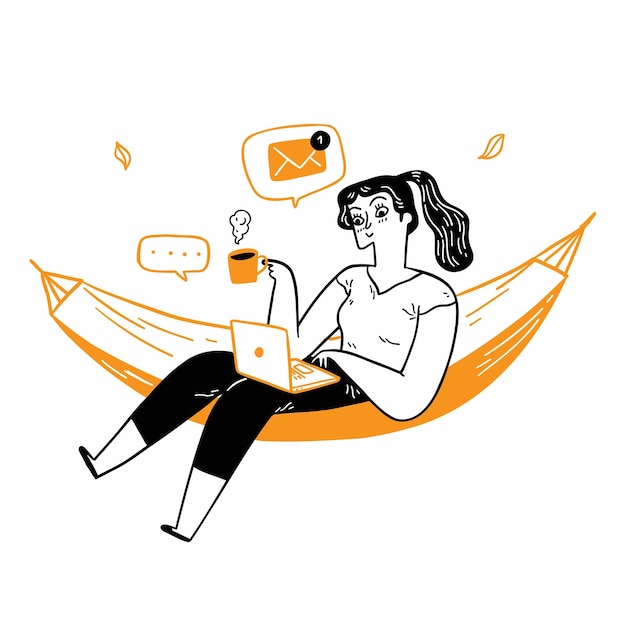 Young woman on a hammock with a laptop chatting on social networks and receiving messages or mail Work at home Hand drawn vector illustration doodle style