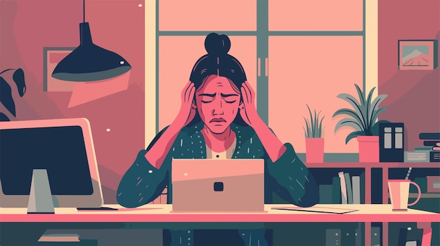 Vector young woman having panic attack in office vector style