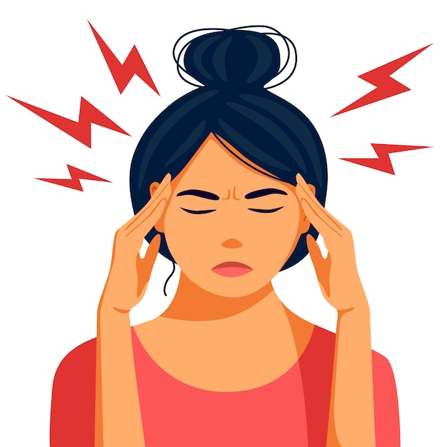 Vector young woman hold her head because of illness or stress at work flat vector cartoon style isolated