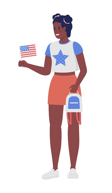 Vector young woman holding american flag semi flat color vector character