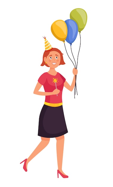 Young woman holding balloons and sparkler in her hands