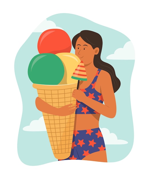 Young Woman Holding Big Ice Cream Cone with Summer Concept