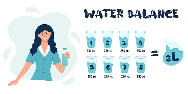 Young woman holding a bottle of water Water balance tracker with 8 glasses per day rule