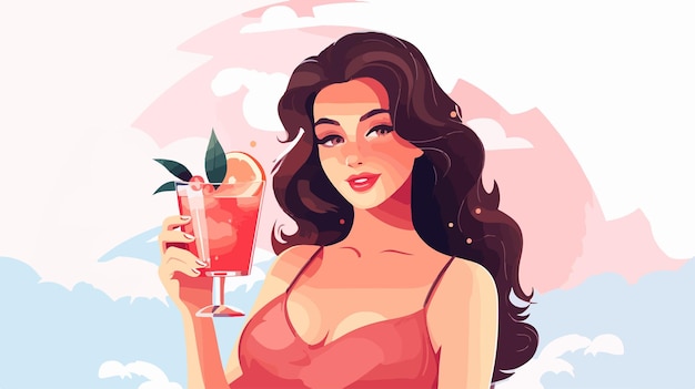 Young Woman Holding Cocktail Flat Vector Illustration