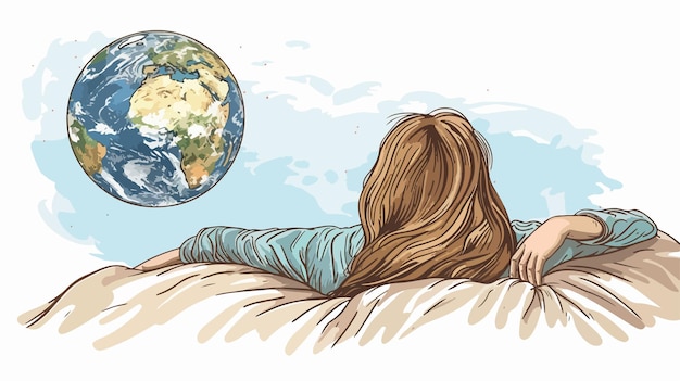 Vector young woman holding earth planet in hands while lying in bed