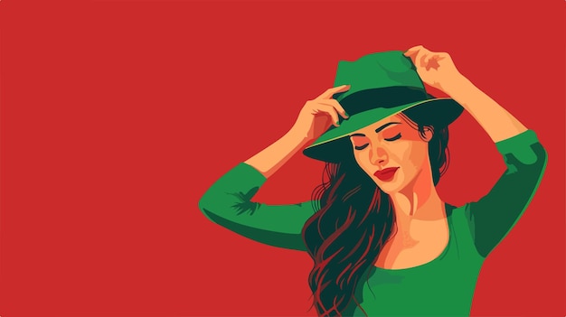 Vector young woman holding green hat on color background