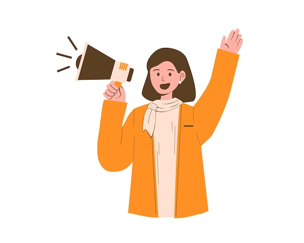 Young woman holding a megaphone in her hand Flat vector illustration