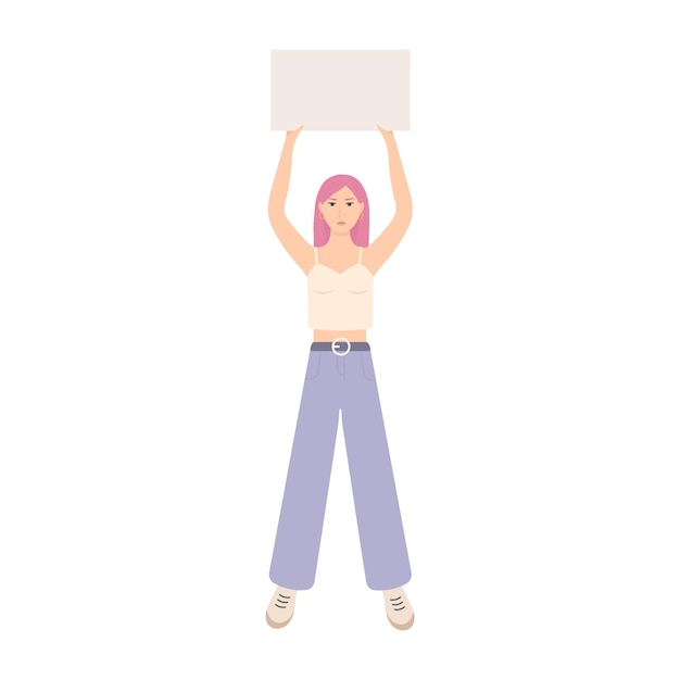 Young woman holding sign Vector flat illustration with protesting woman