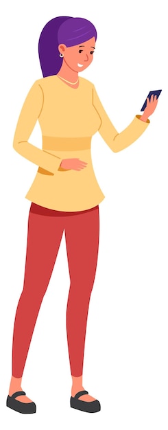 Young woman holding smartphone Happy female character