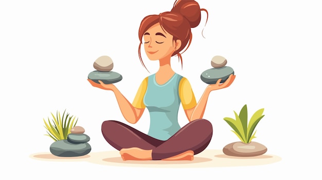 Vector young woman holding stones for relaxation practice