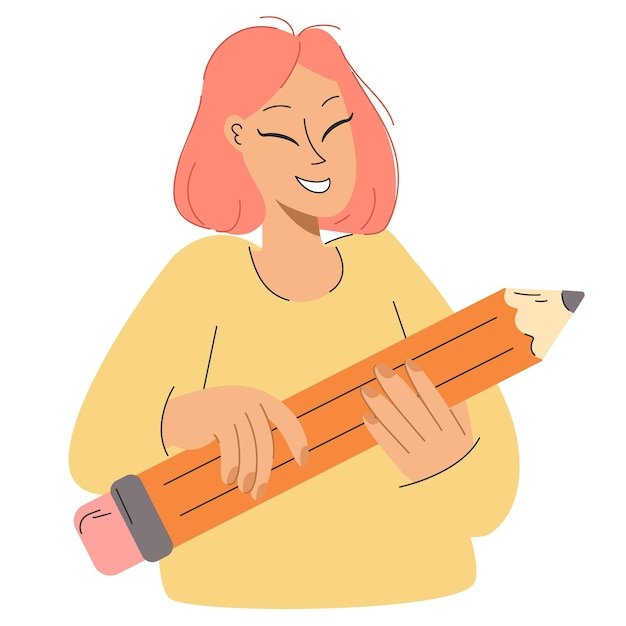 Young Woman Holds Large Pencil In Hand And Smiling