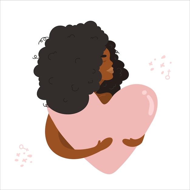 Young woman hugs a big heart with love and care. Black woman, Curly hair holds pink heart in hands. Self care concept. Feminism, fight for your rights, girl power concept. self love