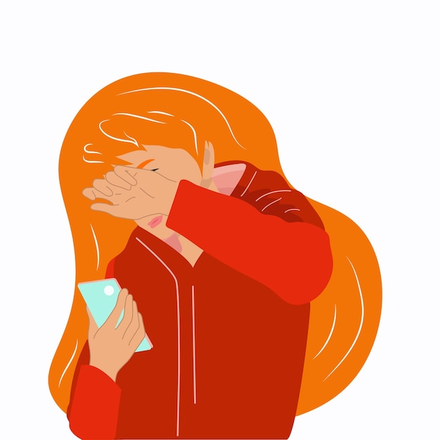 The young woman is crying and suffering The girl holds a mobile phone in her hand Hand drawn style vector design illustrations