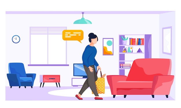 Young woman is holding a bag of groceries walking in living room interior flat style vector A girl returned from the store with purchases Female character at home is engaged in household