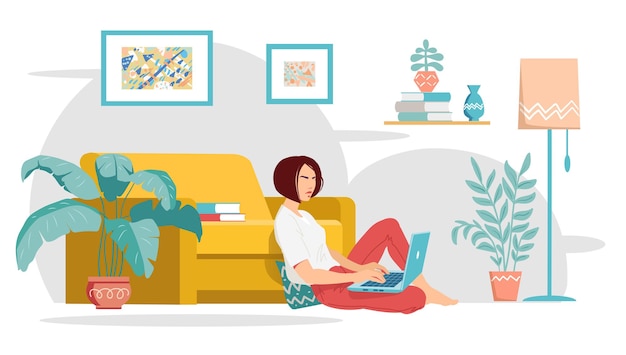 Vector a young woman is sitting near the yellow sofa and working from home with a laptop cozy modern