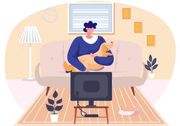 Young woman is sitting with her dog on the sofa in livingroom with TV cabinet at home. Flat style illustration of a girl pet owner in the interior of the room hugging with a brown doggy