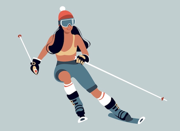 Young woman is skiing Winter ice skiing sport Flat cartoon vector illustrations on blue background