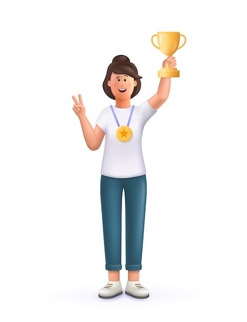 Young woman Jane champion holds golden winner cup, awarded with prize, win award. Concept of goal achievement celebration. 3d vector people character illustration.