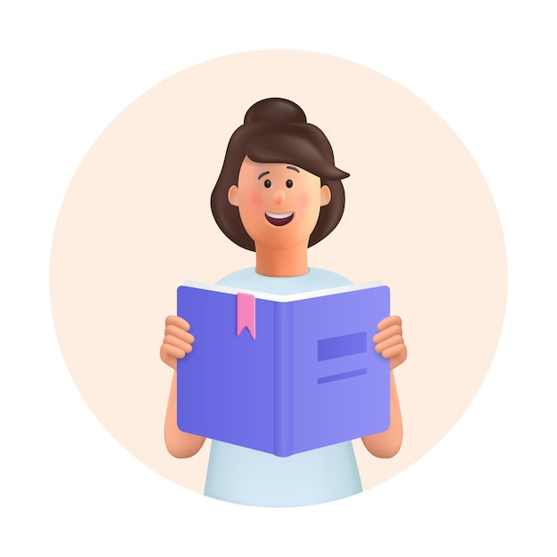 Young woman Jane reading book studying3d vector people character illustration