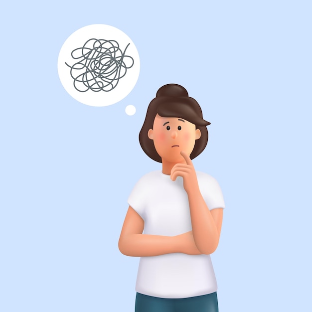 Young woman Jane with tangled thoughts  3d vector people character illustration